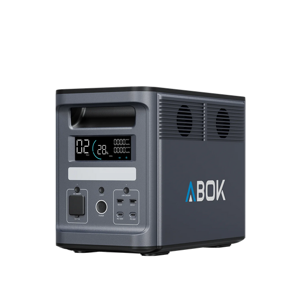 ABOK Ark2000 EU-spec portable power station in an angled front view showing the display, DC ports, USB ports, and side fans.
