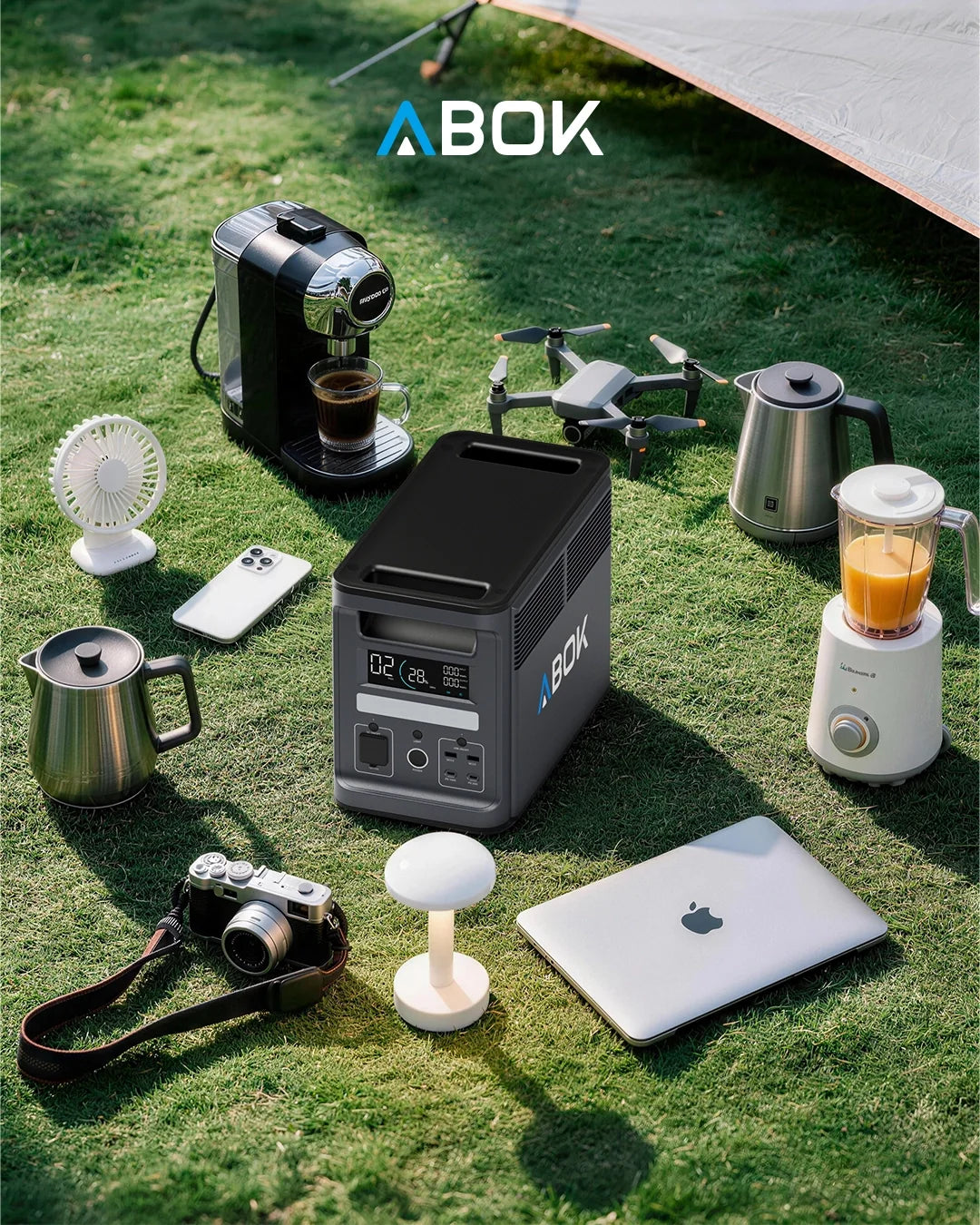 ABOK portable power station powering household appliances and electronics outdoors for a runtime sizing guide.