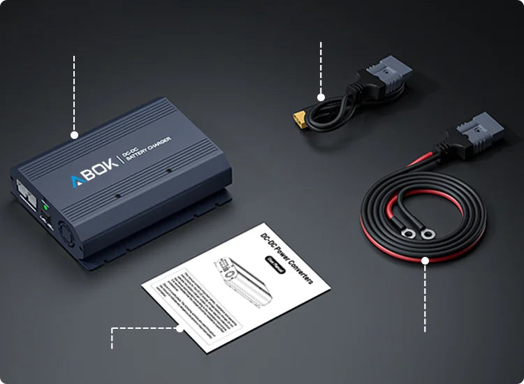 ABOK ACS500 mobile package visual showing the charger, cables, adapters, and user manual.
