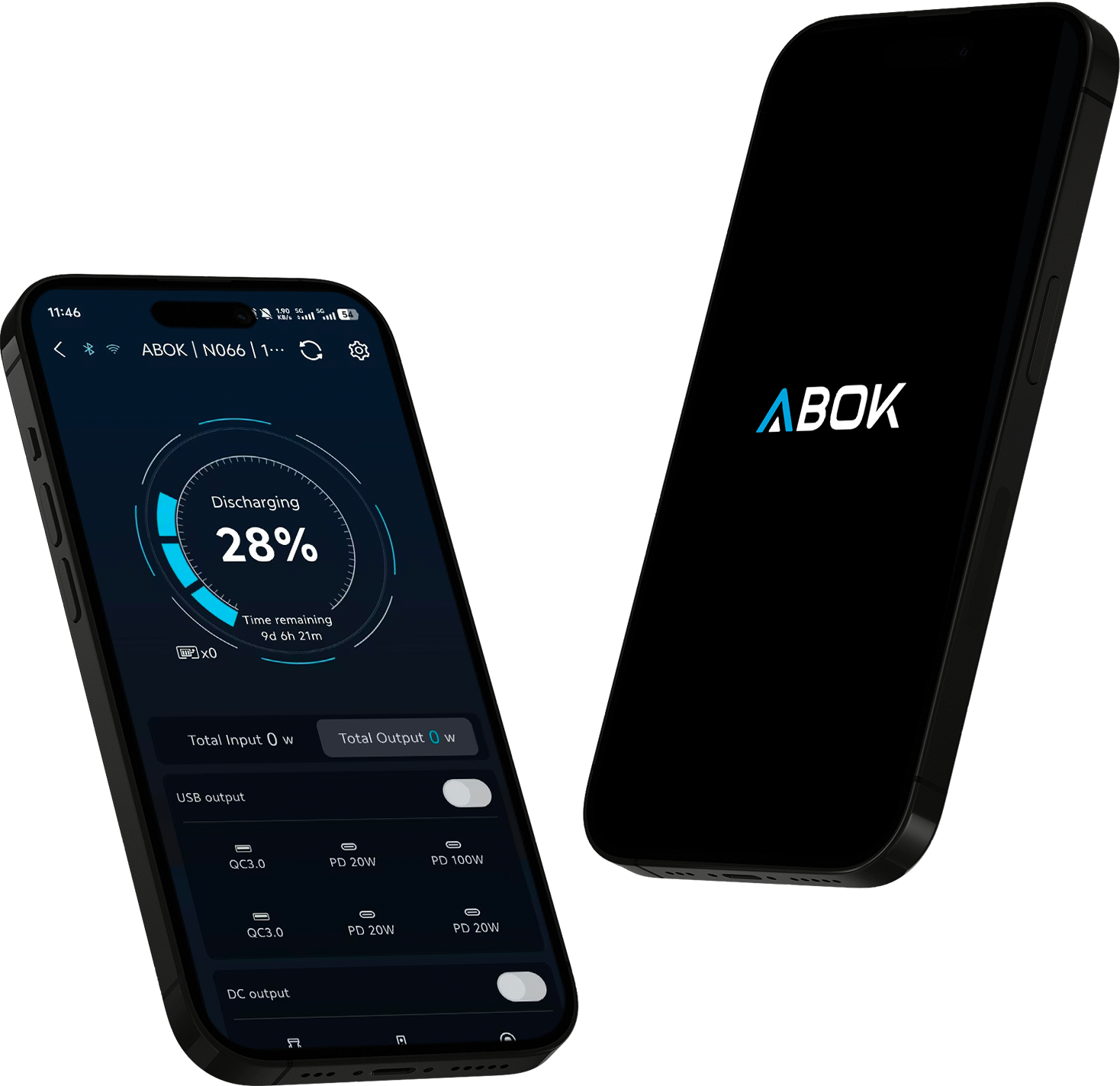 ABOK app displayed on two smartphones for monitoring and controlling a portable power station.
