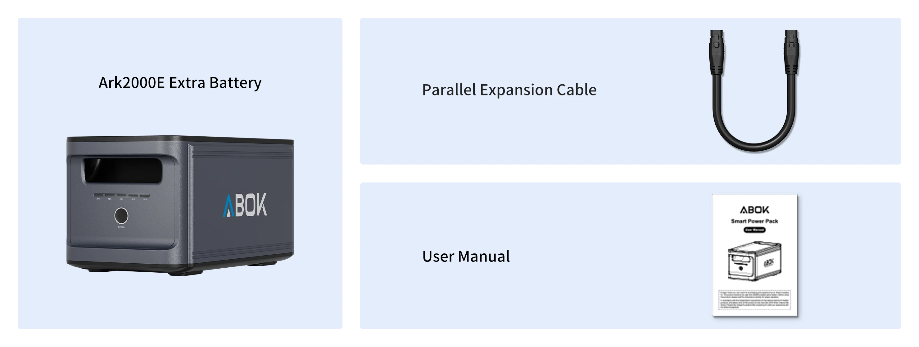 ABOK Ark2000 extra battery package with a parallel expansion cable and user manual.