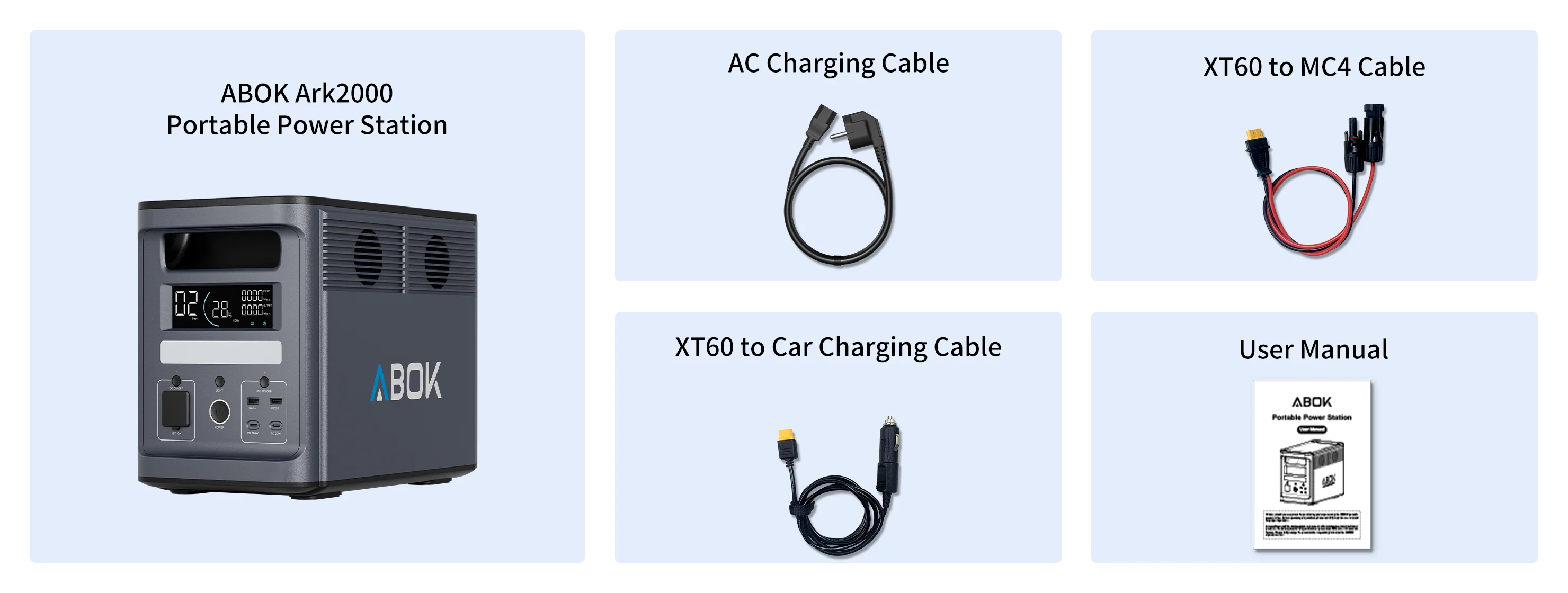 ABOK Ark2000 EU-spec power station with AC charging, XT60-to-MC4, XT60-to-car cables, and user manual.