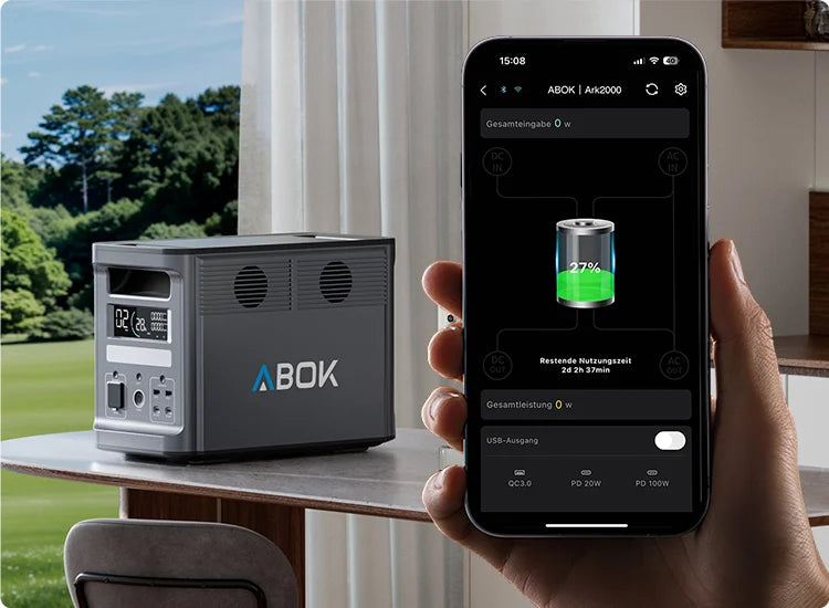 ABOK Ark2000 mobile kitchen scene showing smart app control and power station status on a smartphone.