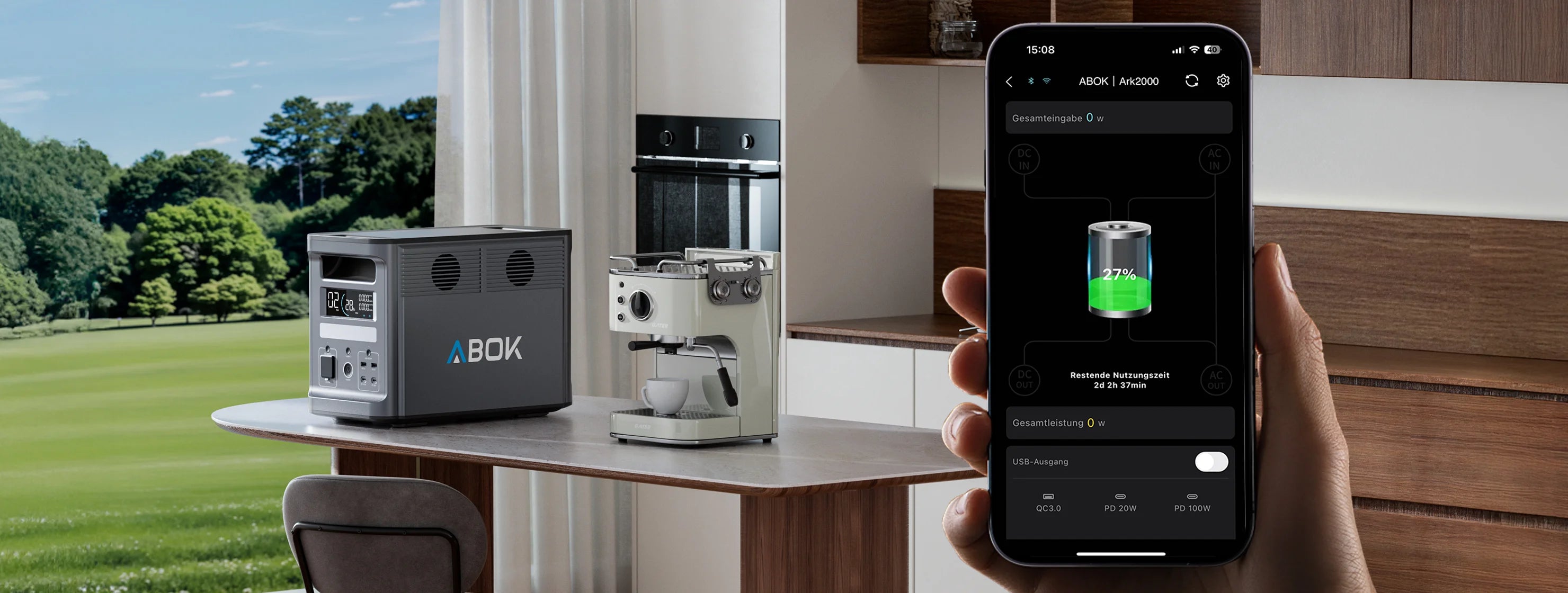 ABOK Ark2000 wide kitchen scene showing smart app control and power station status on a smartphone.
