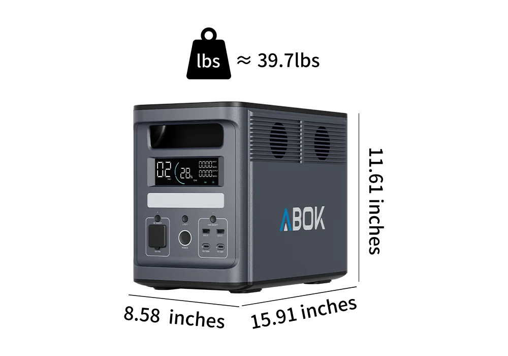 ABOK Ark2000 EU-spec portable power station weight graphic with an angled product view.