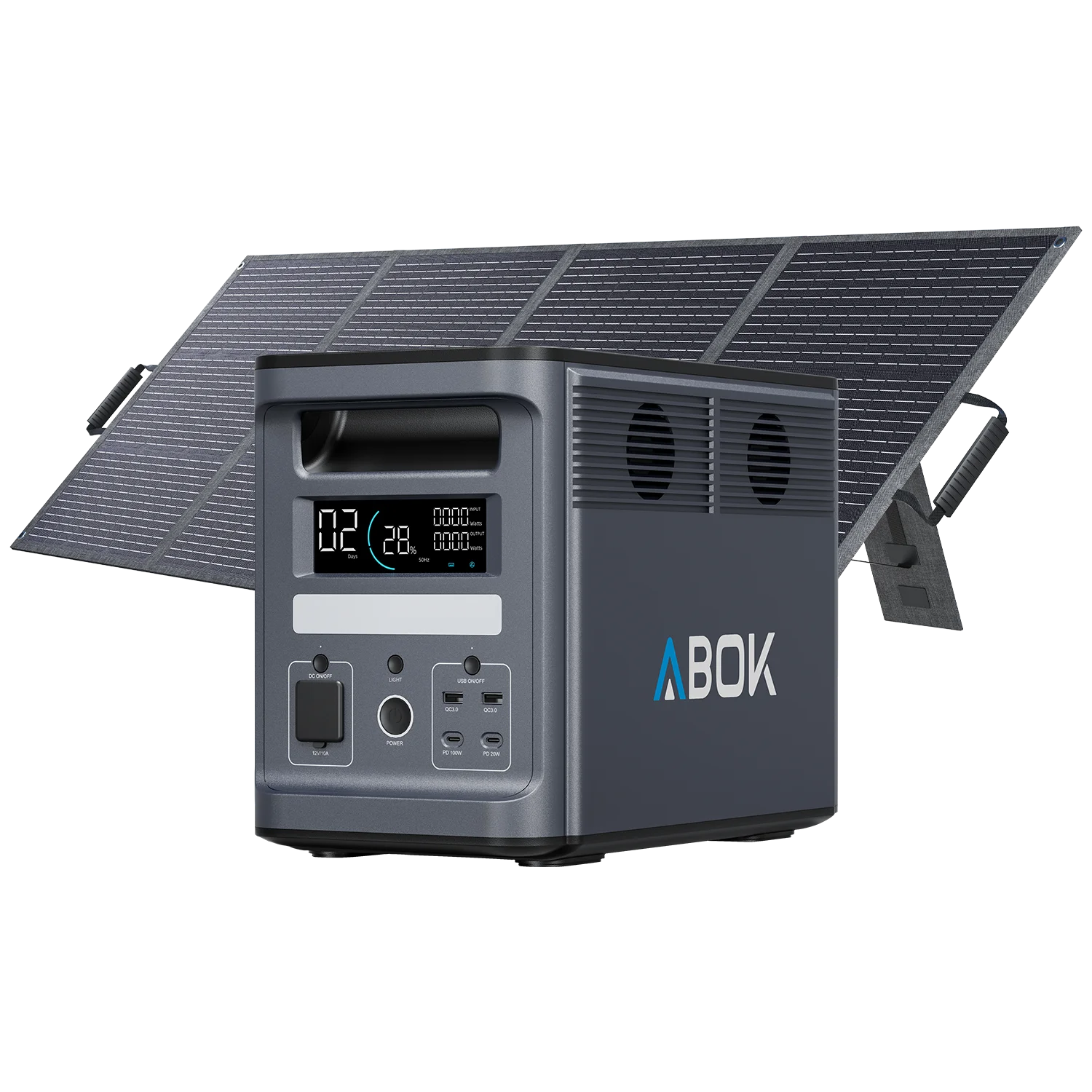 ABOK Ark2000 EU-spec portable power station shown with a 200W foldable solar panel.