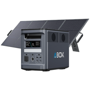 ABOK Ark2000 EU-spec portable power station shown with a 200W foldable solar panel.