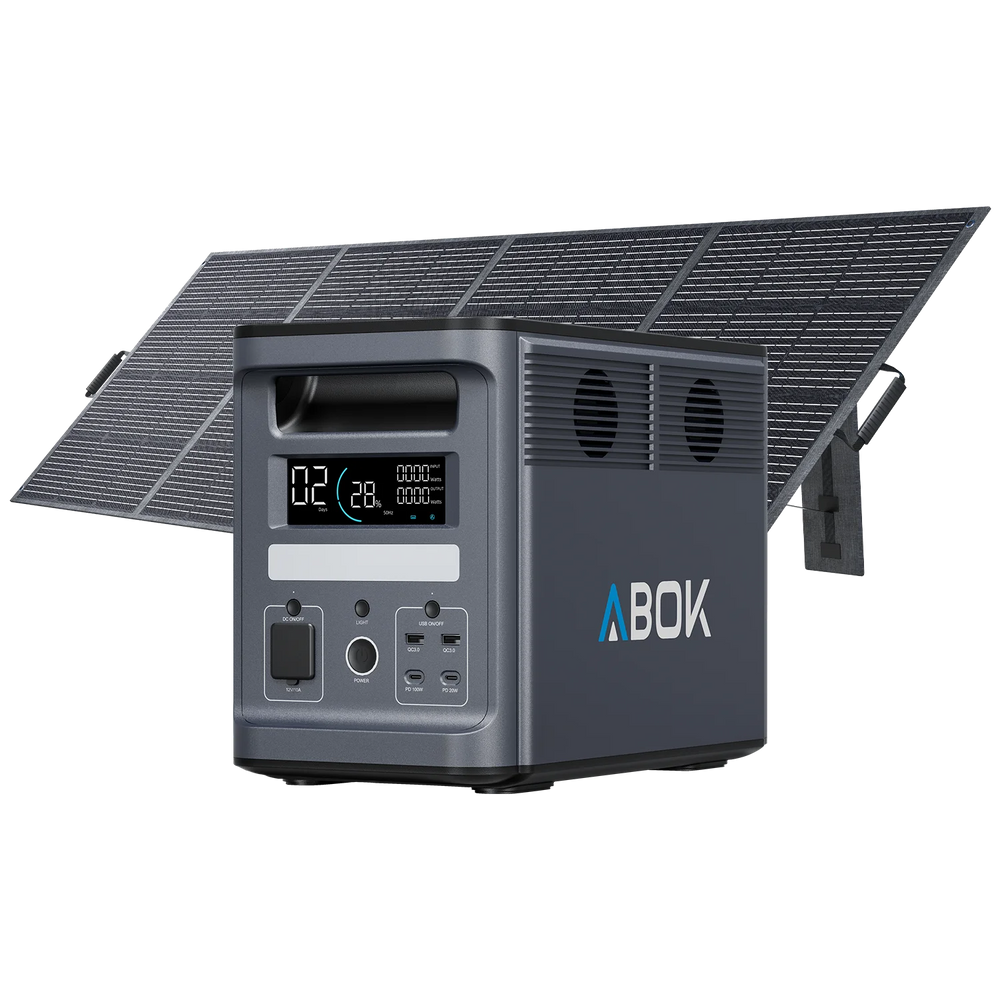 ABOK Ark2000 EU-spec portable power station shown with a 400W foldable solar panel.