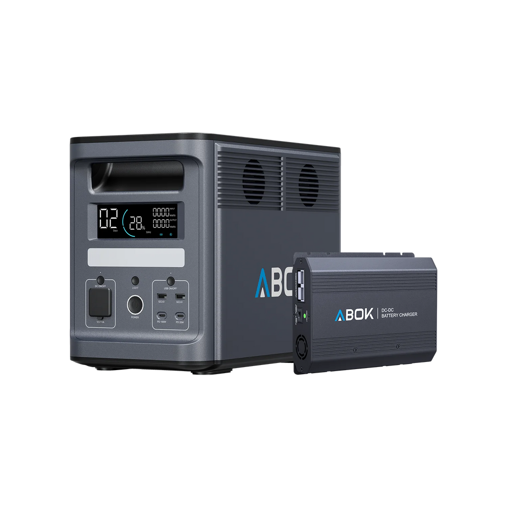 ABOK Ark2000 EU-spec portable power station shown with an ABOK DC-DC battery charger.