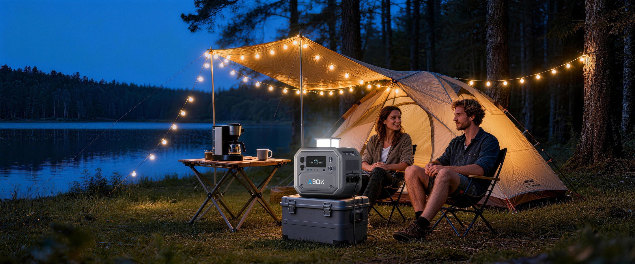 ABOK Ark2500 portable power station with its LED light raised at a lakeside campsite at night.