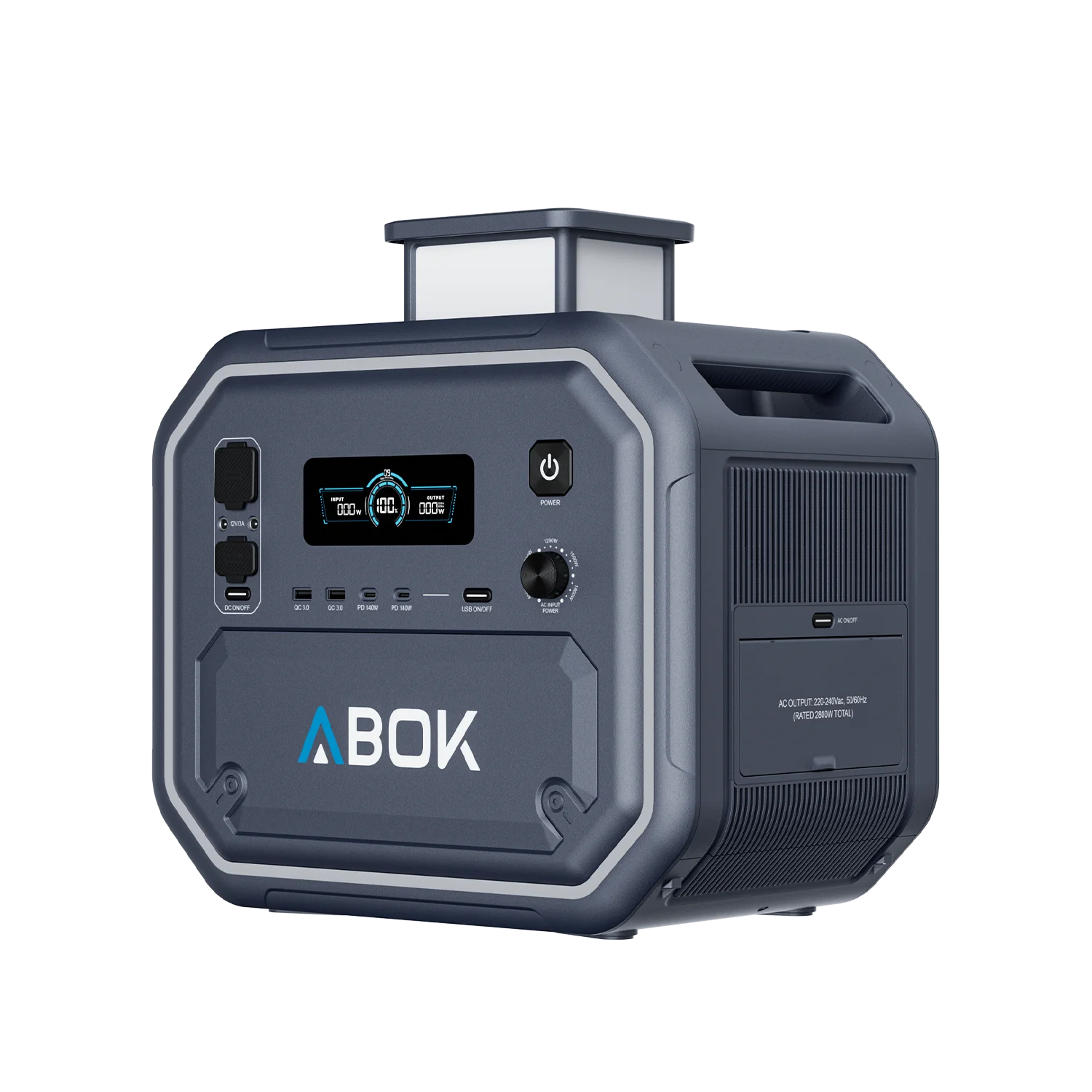 ABOK Ark2800 EU-spec portable power station in an angled front view with the retractable LED light raised.