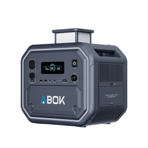 ABOK Ark2800 EU-spec portable power station in an angled front view with the retractable LED light raised.