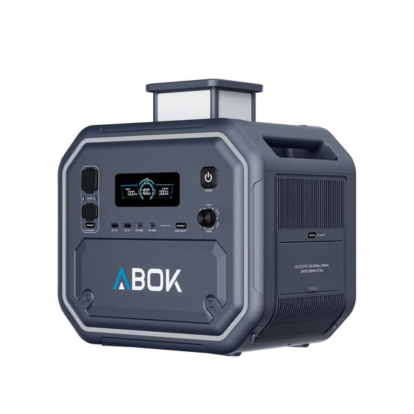 ABOK Ark2800 EU-spec portable power station in an angled front view with the retractable LED light raised.