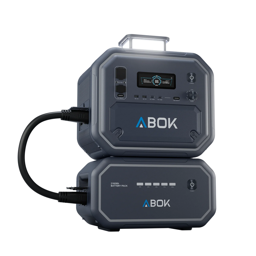 ABOK Ark2800 EU-spec portable power station connected to its matching 2160Wh extra battery.