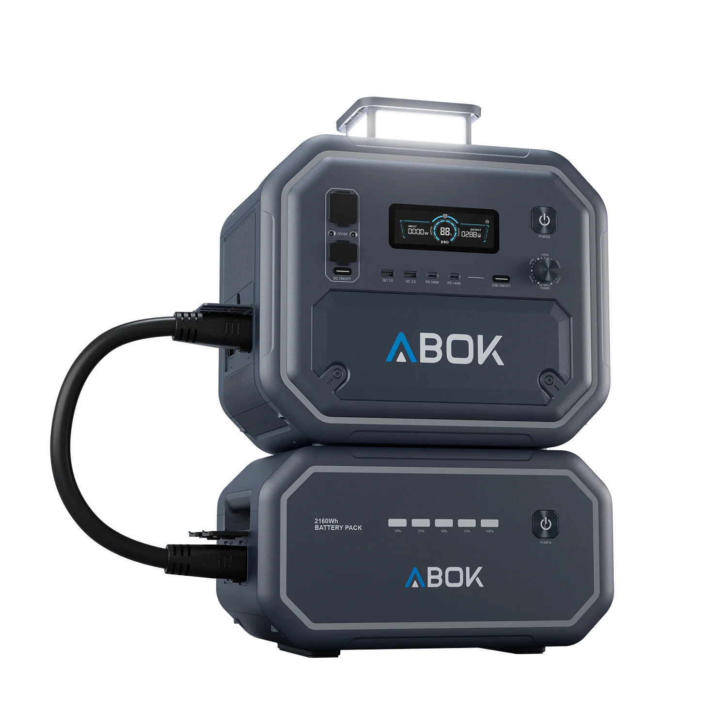 ABOK Ark2800 EU-spec portable power station connected to its matching 2160Wh extra battery.