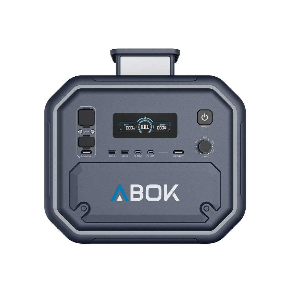 ABOK Ark2800 EU-spec portable power station in a straight front view showing the display, DC ports, and USB ports.