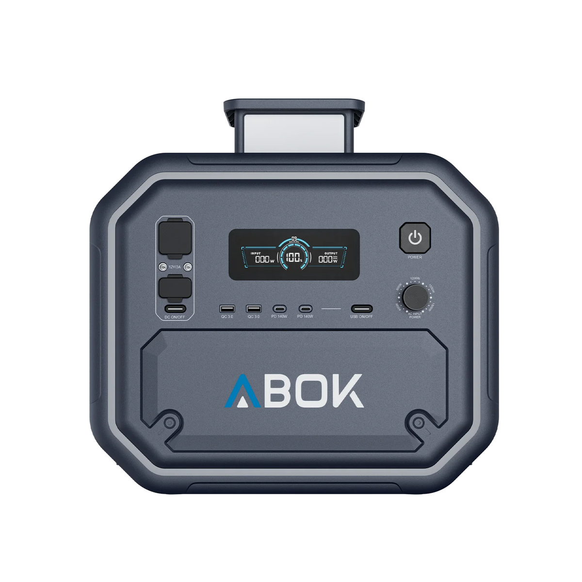 ABOK Ark2800 EU-spec portable power station in a straight front view showing the display, DC ports, and USB ports.