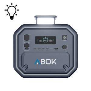 ABOK Ark2800 EU-spec portable power station in a front view with the retractable LED light illuminated.