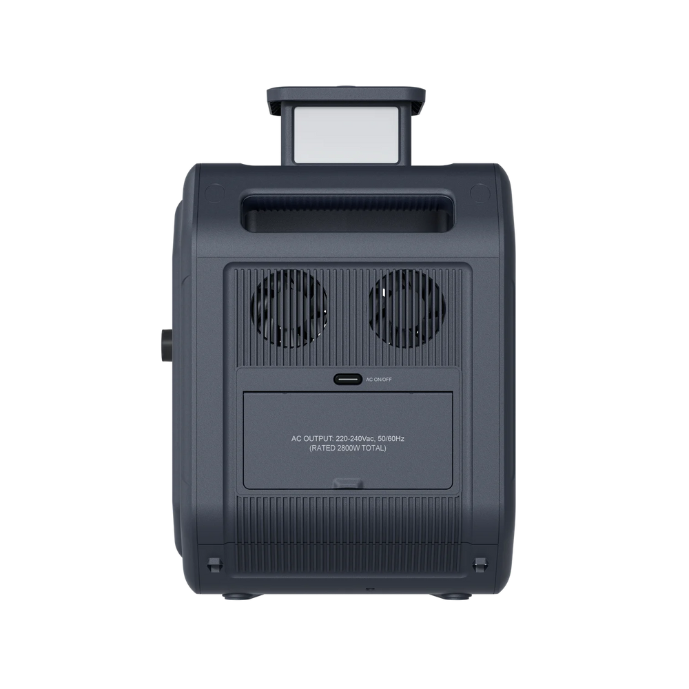 ABOK Ark2800 EU-spec side view showing dual cooling fans and covered European AC outlets.