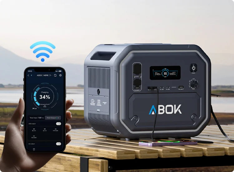 ABOK Ark2800 mobile outdoor scene showing smart app control while the power station runs connected devices.