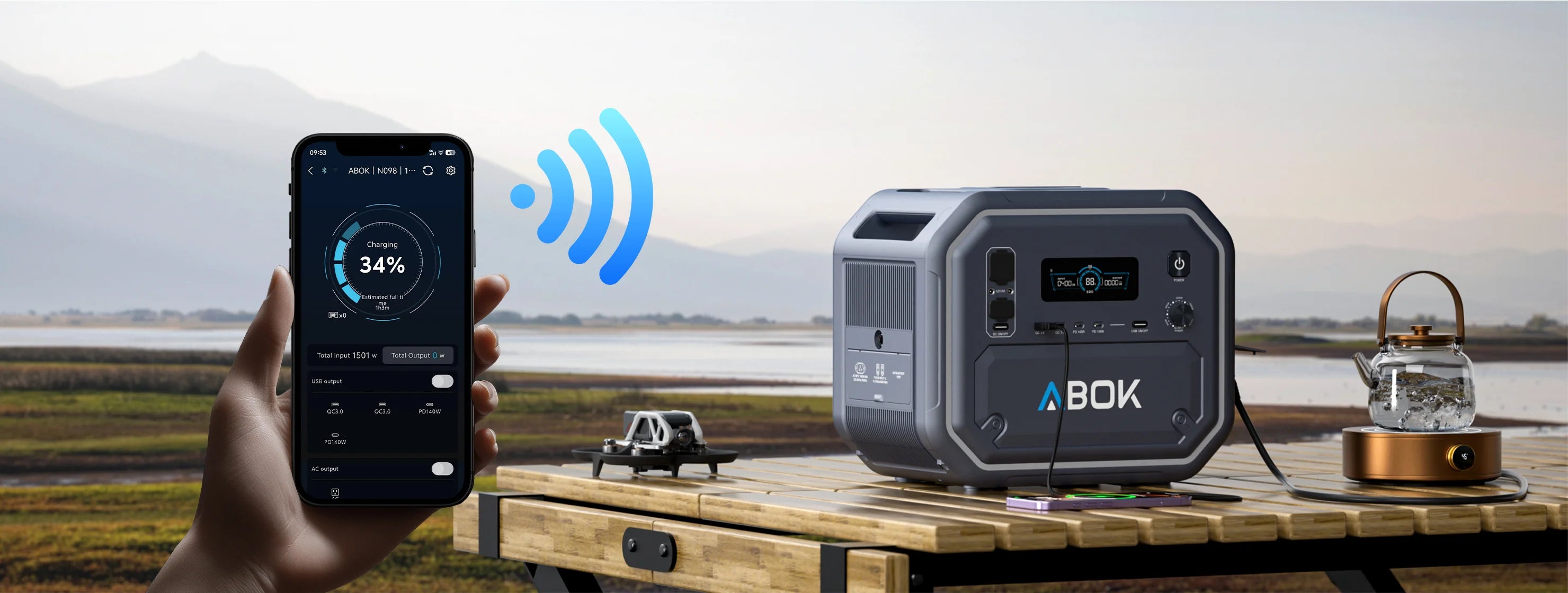 ABOK Ark2800 wide outdoor scene showing smart app control while the power station runs connected devices.