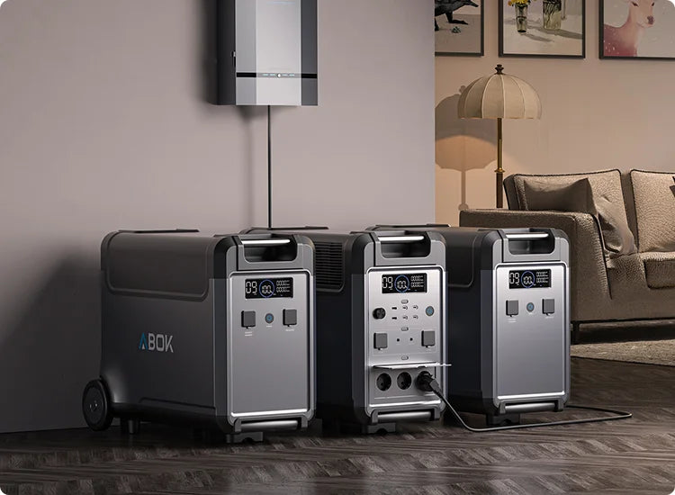 ABOK Ark3600 mobile home backup scene with the main power station and two extra batteries.