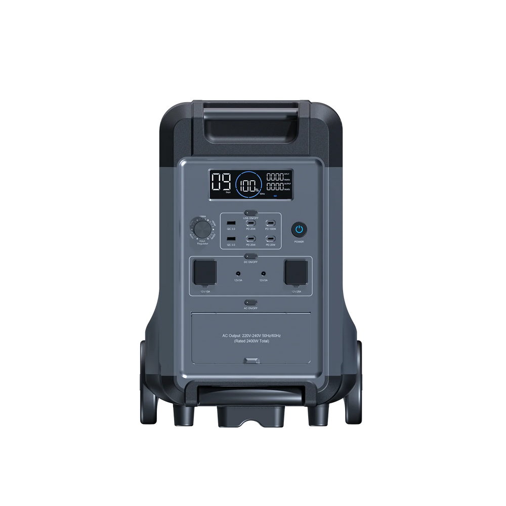 ABOK Ark3600 EU-spec portable power station in a straight front view showing its display, controls, and AC outlets.