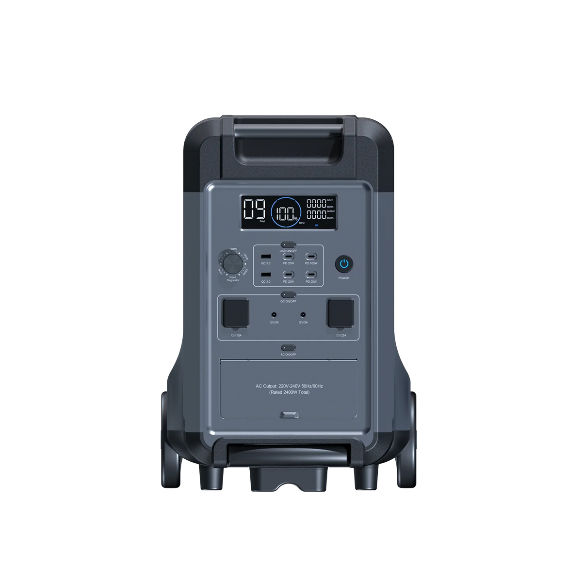 ABOK Ark3600 EU-spec portable power station in a straight front view showing its display, controls, and AC outlets.