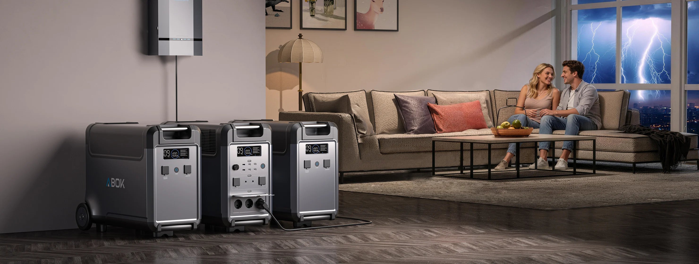 ABOK Ark3600 portable power stations providing home backup power to a couple during a lightning storm.