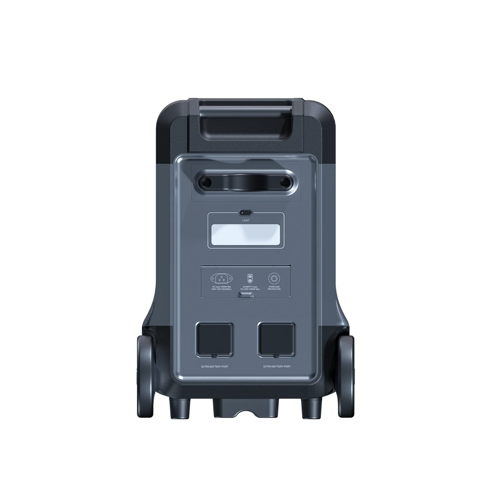 ABOK Ark3600 EU-spec rear view showing the light, charging inputs, DC output, and extra battery ports.