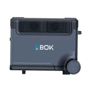 ABOK Ark3600 EU-spec side view showing dual cooling fans, ABOK branding, handles, and transport wheels.