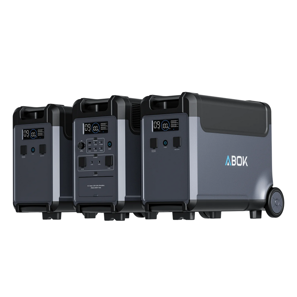 ABOK Ark3600 EU-spec portable power station with two matching extra batteries for expanded capacity.