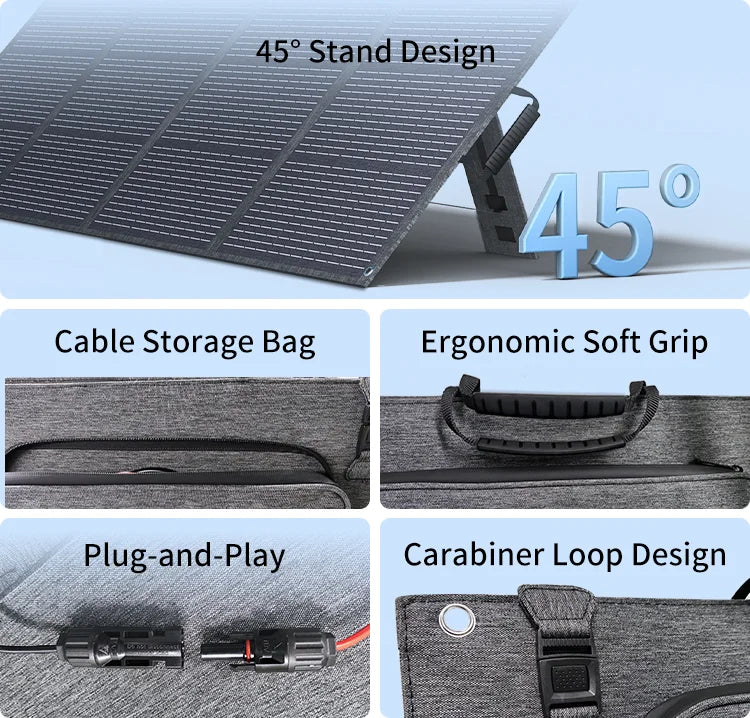 ABOK ASP200 mobile design details showing the 45-degree stand, cable storage, handles, MC4 connectors, and carabiner loop.