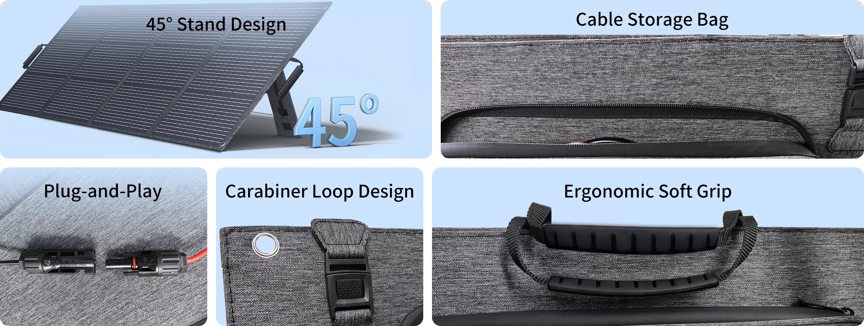 ABOK ASP200 wide design details showing the 45-degree stand, cable storage, soft handles, MC4 connectors, and carabiner loop.