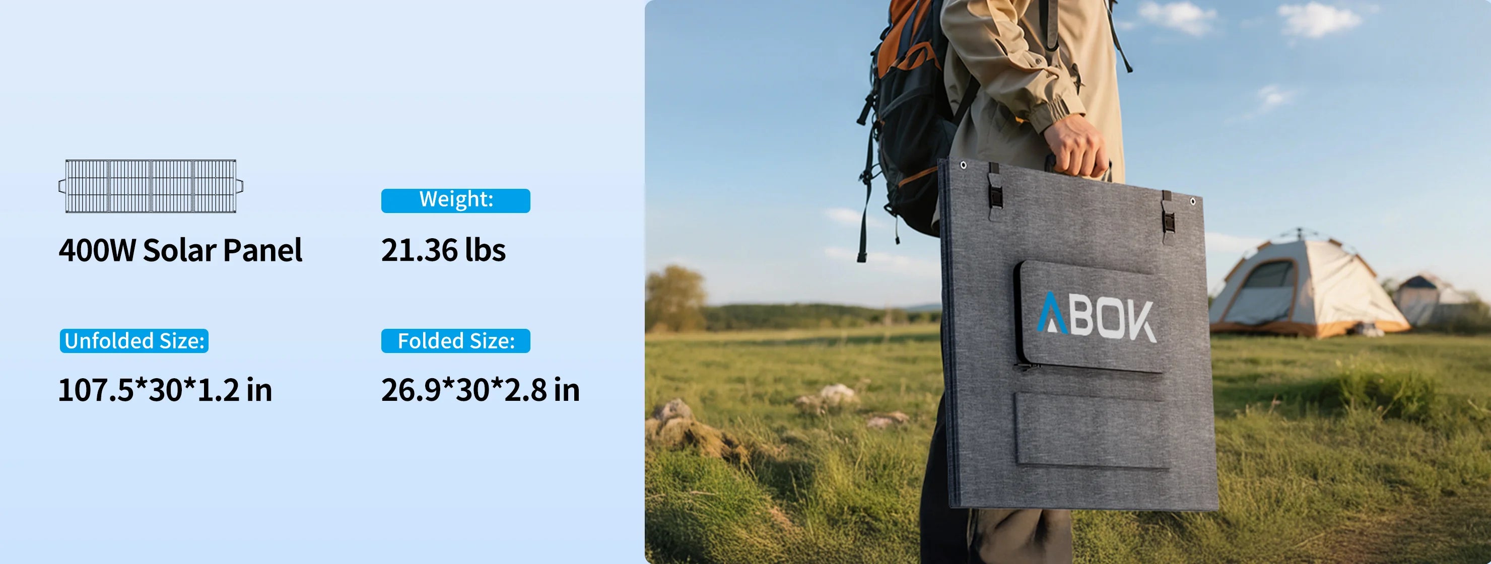 ABOK ASP400 wide portability graphic showing the folded panel at a campsite with weight and folded and unfolded dimensions.