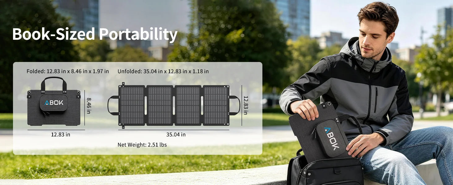 ABOK ASP45 45W portable solar panel wide portability graphic with folded size, open size and weight.