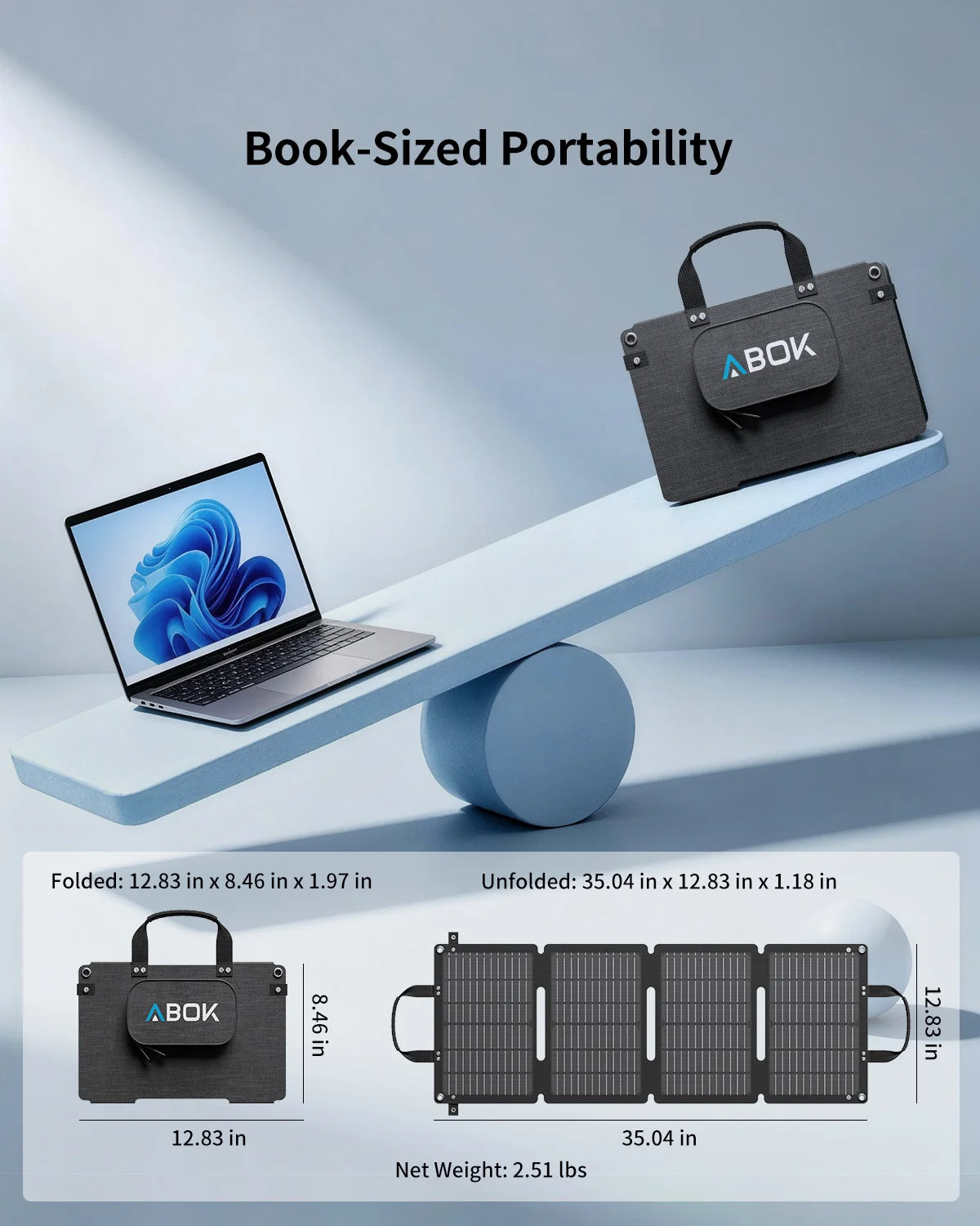 ABOK ASP45 45W portable solar panel in a studio graphic showing folded and unfolded dimensions.