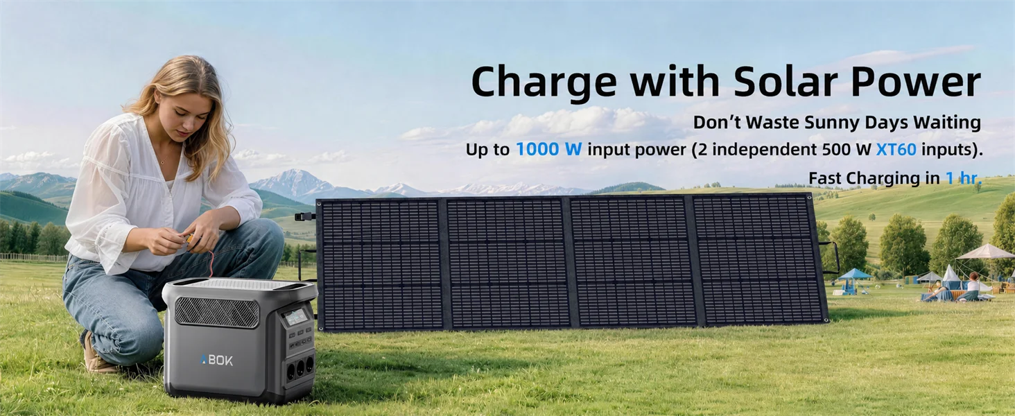ABOK Elux 1 EU-spec wide outdoor graphic showing up to 1000W solar input through dual XT60 ports.