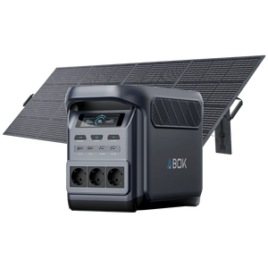 ABOK Elux 1 EU-spec portable power station displayed with a 400W foldable solar panel.