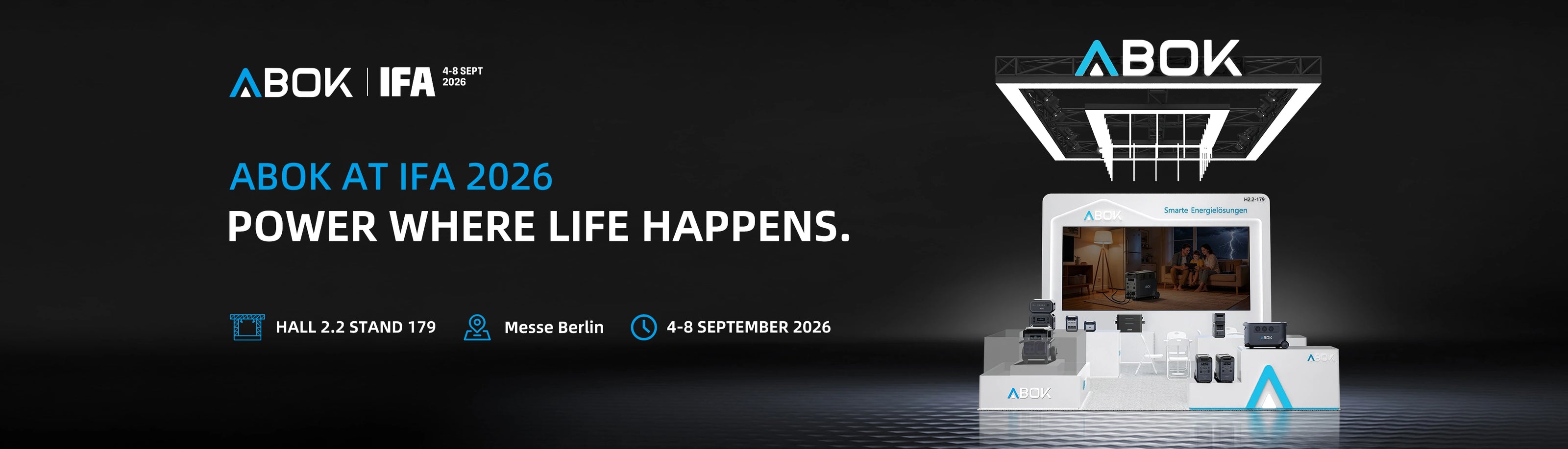 ABOK at IFA 2026 in Berlin, Hall 2.2 Stand 179, showcasing portable power and solar energy products