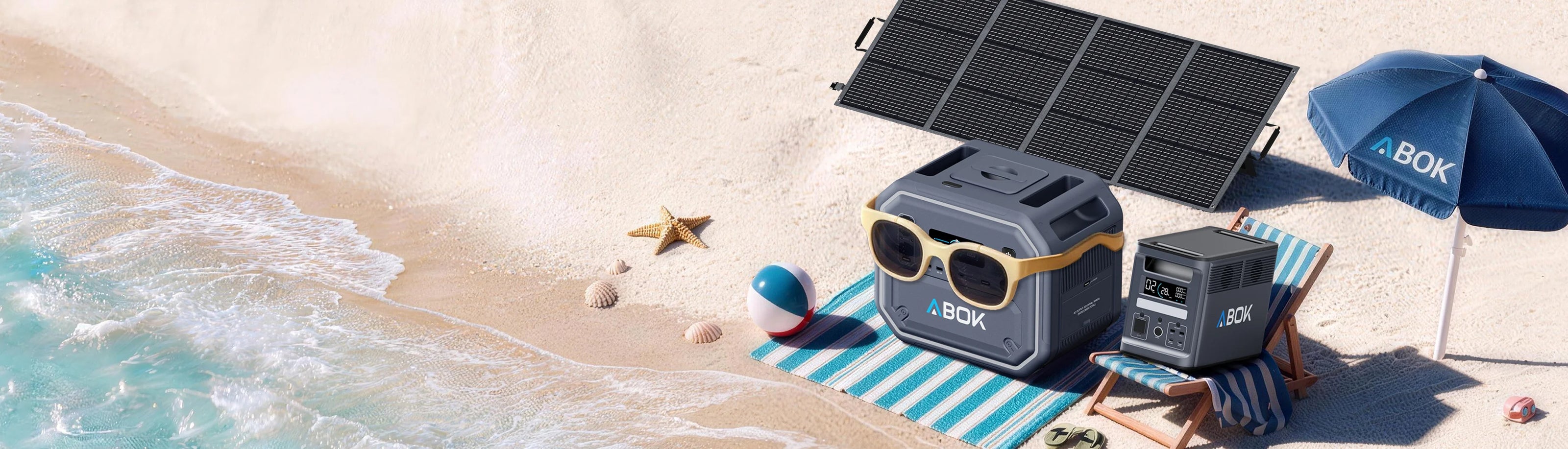 ABOK portable power stations and a foldable solar panel set up for a sunny beach trip.